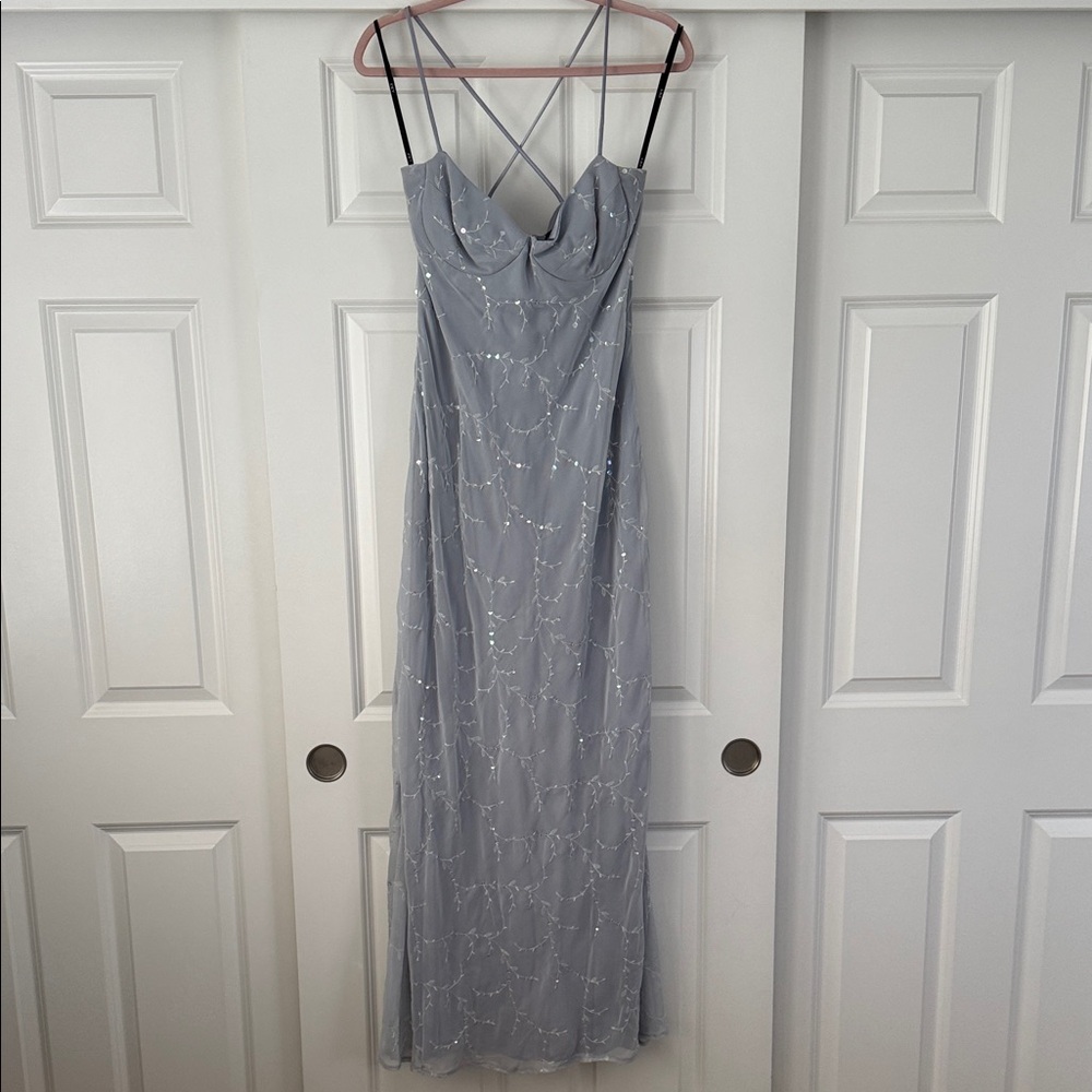 ABS Allen Swartz Elegant Light Gray Beaded Spaghetti-Strap Evening Dress Sz 6